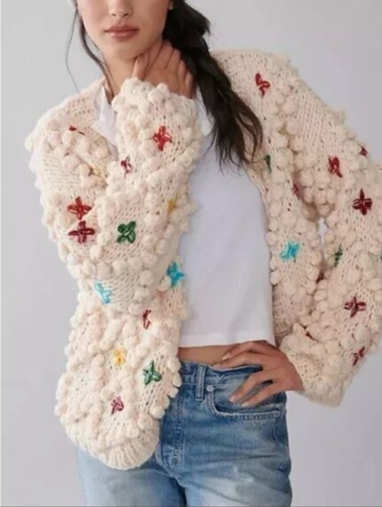 SAACHI Sweaters - SAACHI Chunky Crochet Cardigan with Colorful Embroidery-One Size